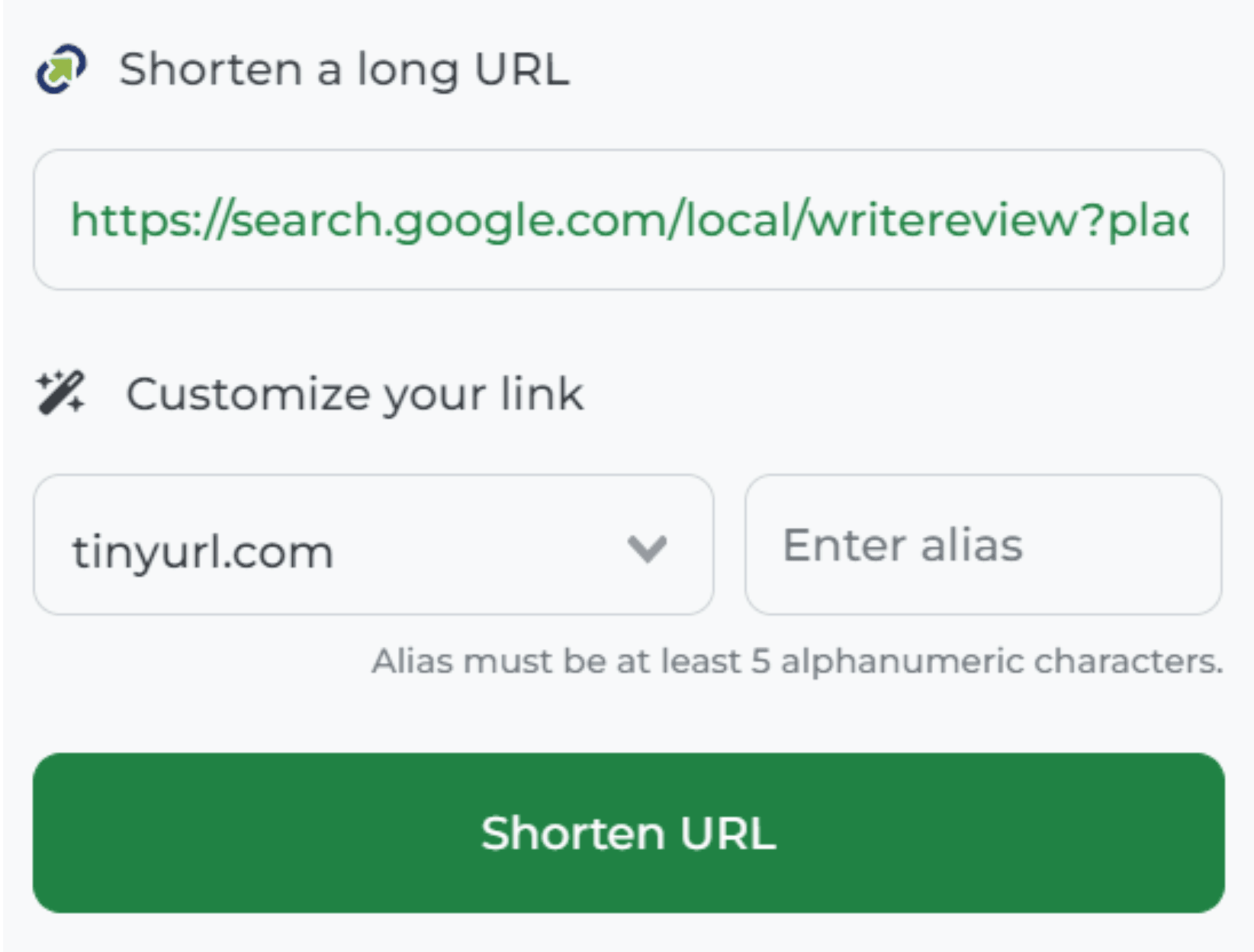 TinyURL form with a Google review link pasted in and the custom alias field still blank