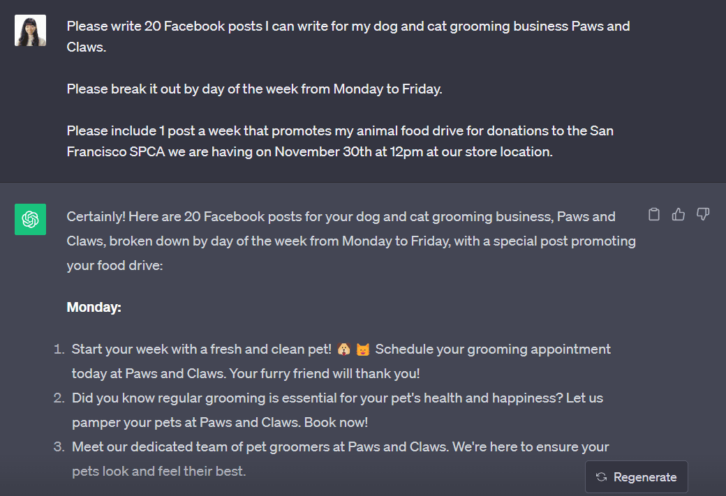 Chat conversation showing AI response generating 20 Facebook posts for pet grooming business