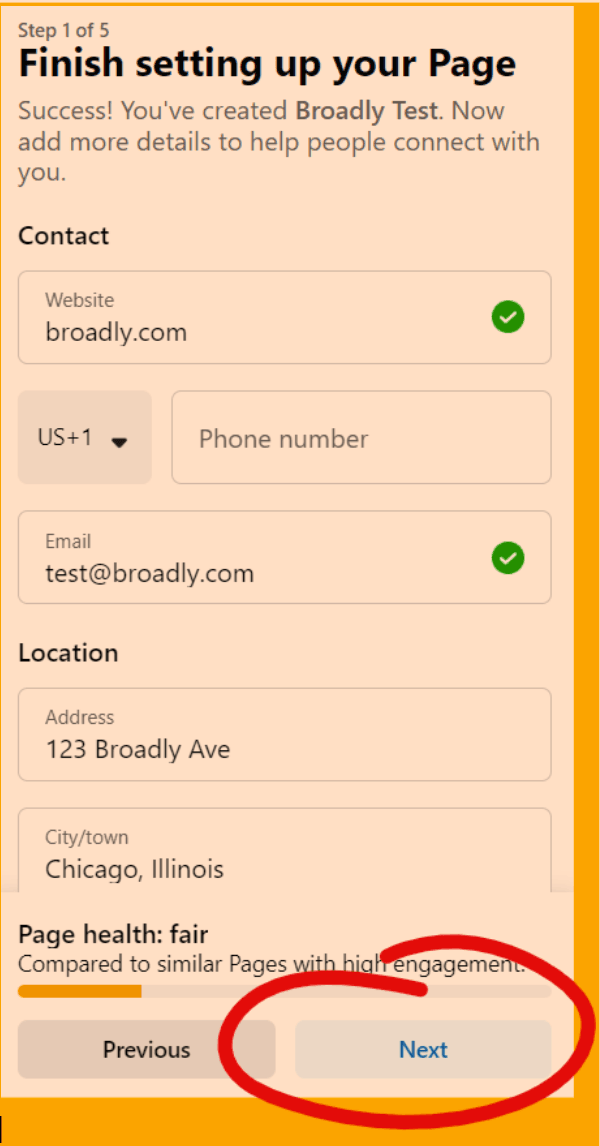 Facebook page setup wizard showing business contact info, location, and page health status