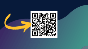 QR code with yellow arrow on blue-to-teal gradient background