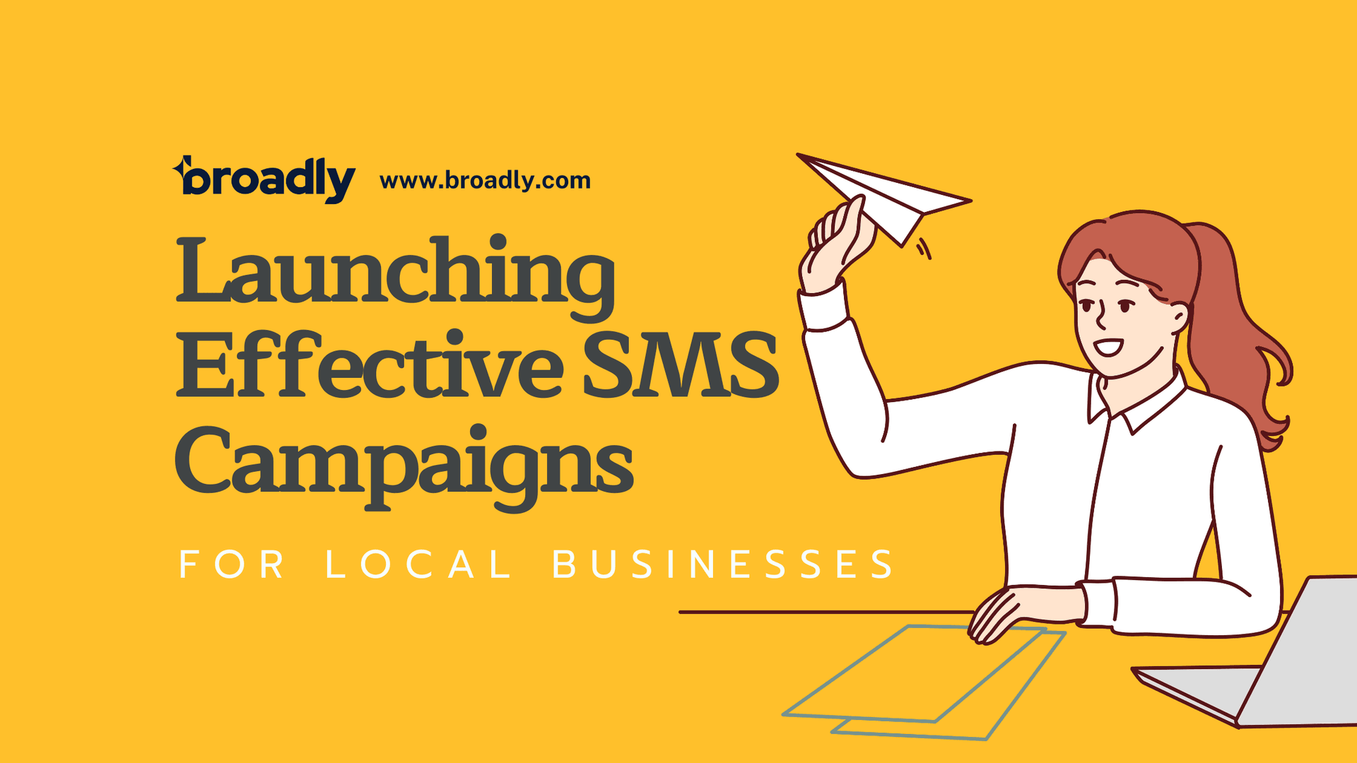 Woman celebrating with paper airplane, graphic about launching SMS campaigns for local businesses