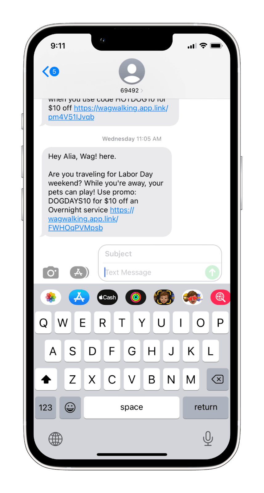 Text message examples for pet services showing promotional offers with discount codes and links