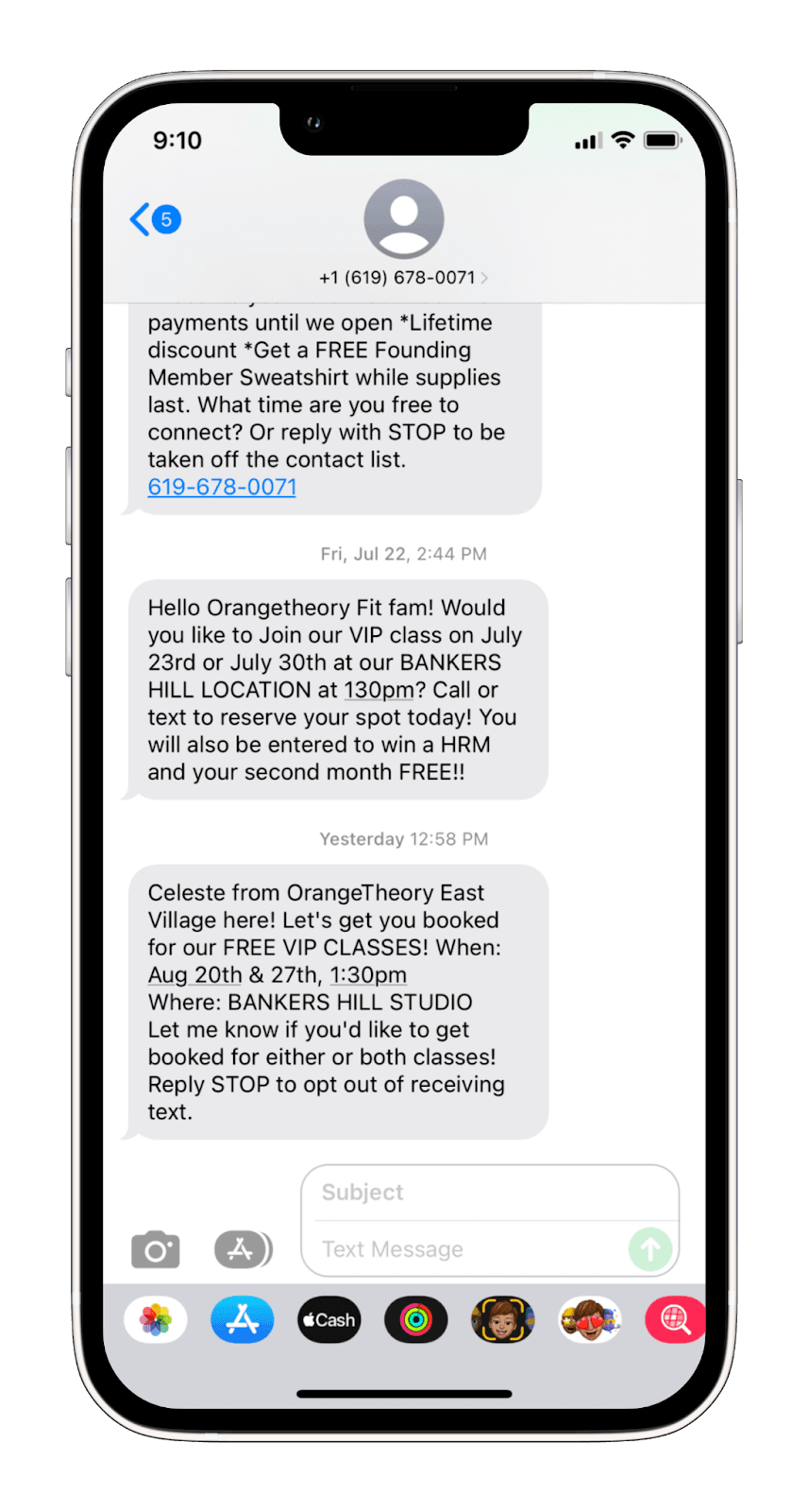 Sample business text messages promoting VIP fitness classes and customer loyalty offers