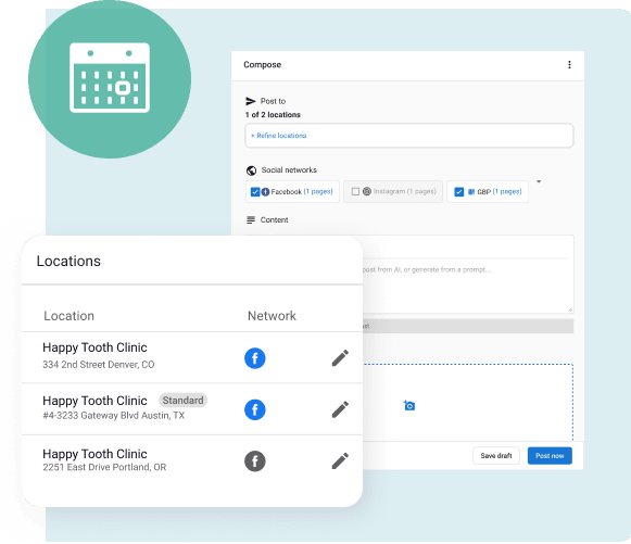 Multi-location social media management interface showing clinic branches and assigned networks