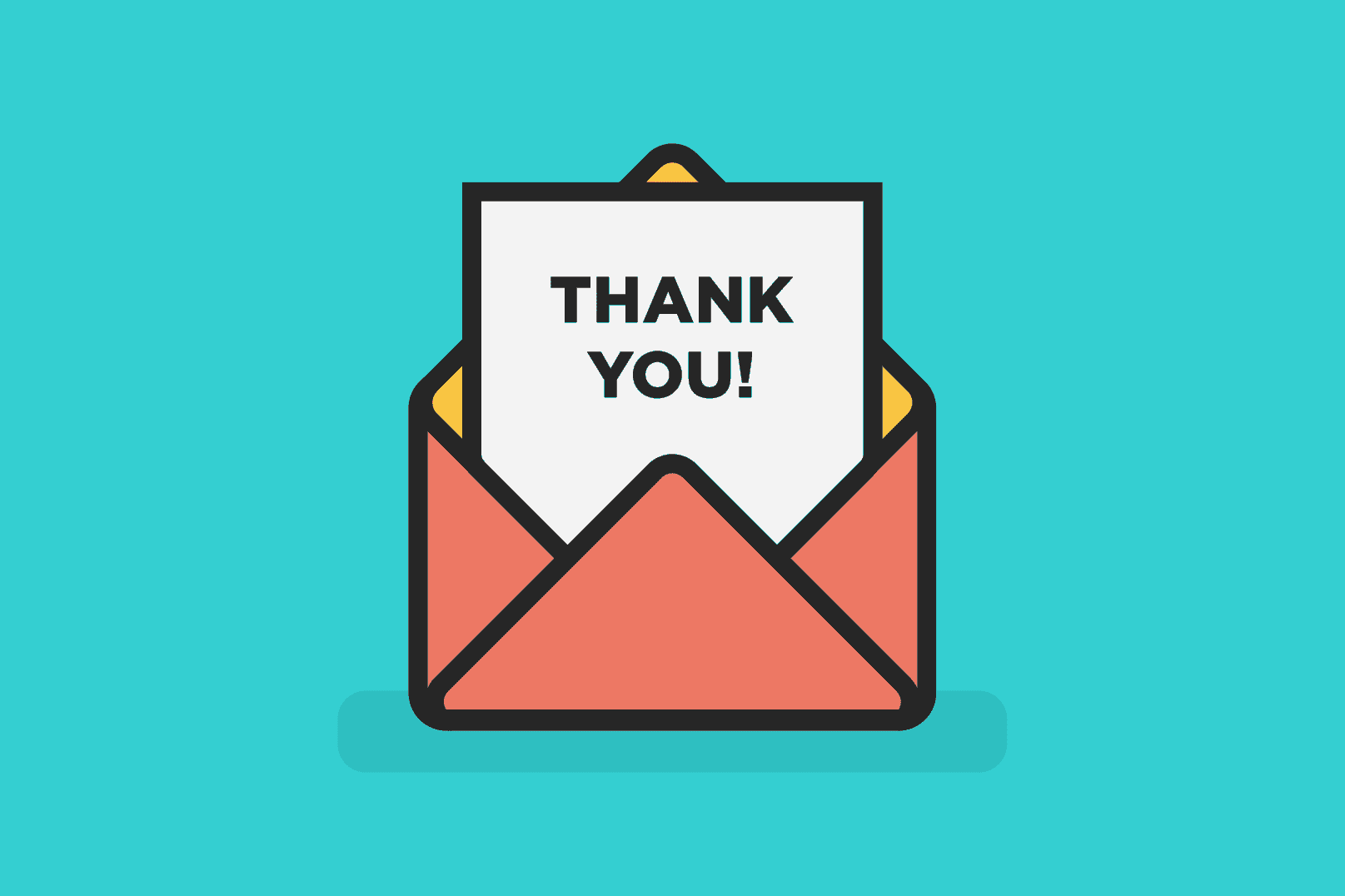 Open envelope with Thank You message displayed on turquoise background
