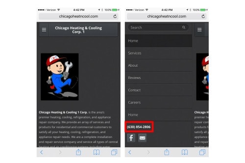 Mobile phone screens displaying Chicago Heating & Cooling website with mascot