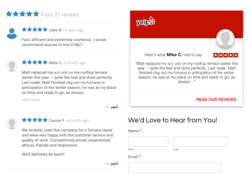 Five-star customer reviews and Yelp testimonials for heating company