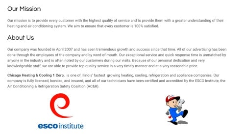 Company mission and about section with ESCO institute and mascot logos