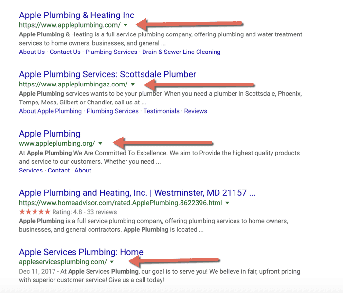 Google search results showing five separate Apple Plumbing business listings, each marked with a red arrow