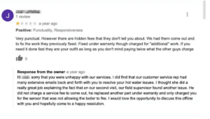 One-star Google review complains of hidden fees and being charged double for boiler repair; owner explains the charges.
