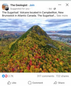 The Geologist Facebook post featuring Sugarloaf Volcano scenic autumn landscape in Atlantic Canada