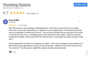 Google review describes a missed appointment later resolved with a bill discount; no owner reply is shown here.