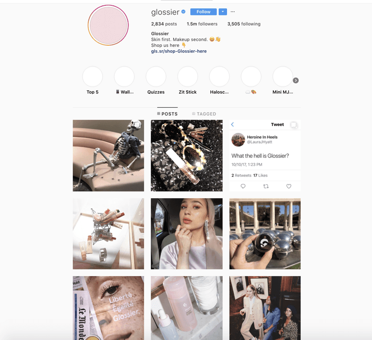 Glossier Instagram profile showing makeup and product posts