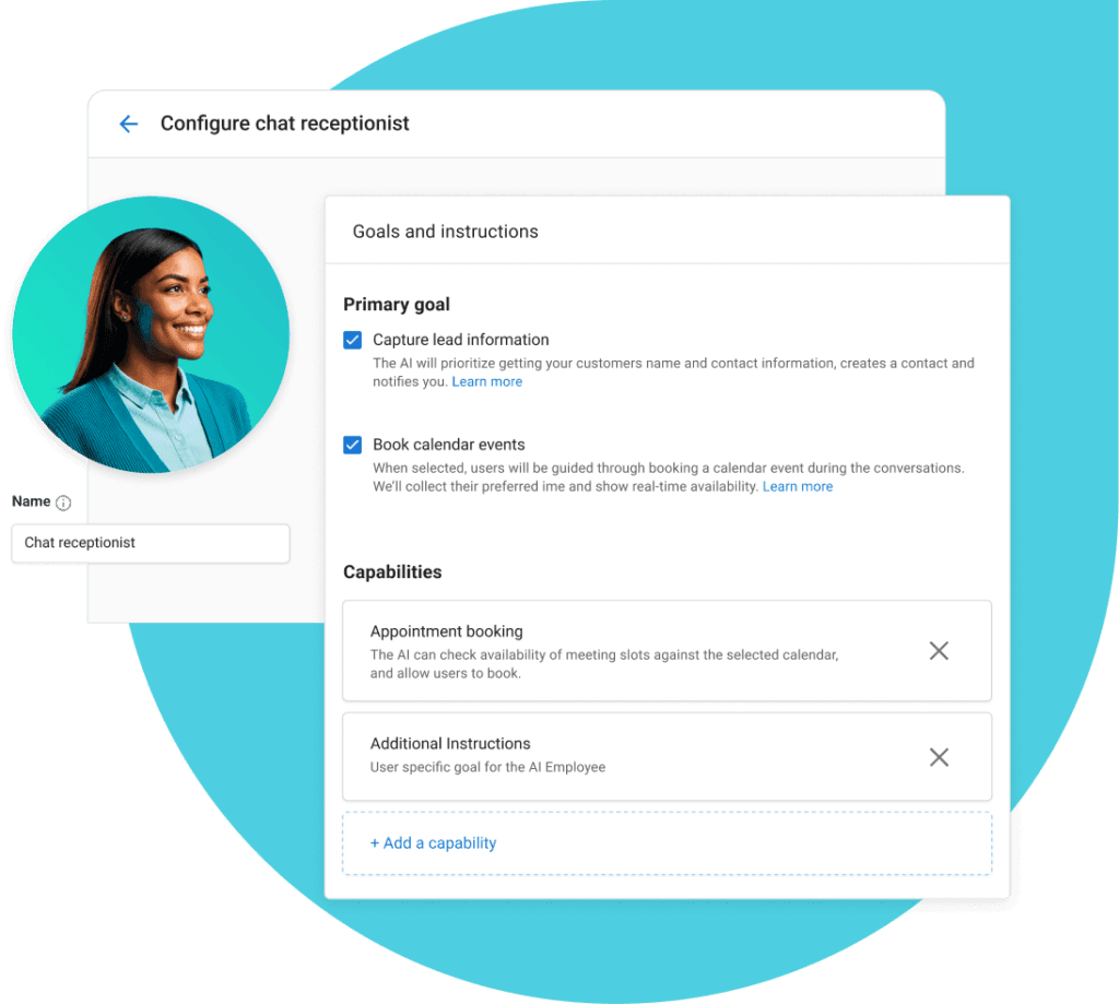 Configure chat receptionist interface showing goals, instructions, and capabilities for appointment booking