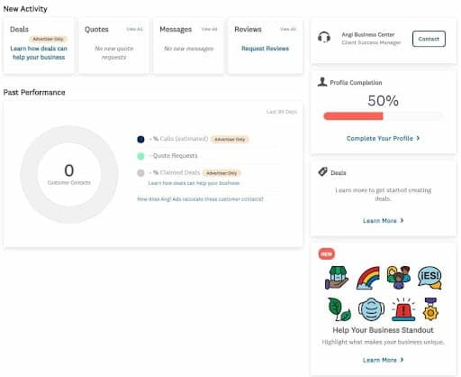 Business dashboard showing new activity, performance metrics, and profile completion progress