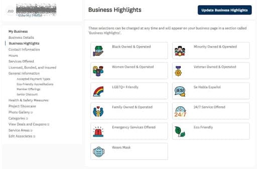 Business highlights selection panel with ownership and certification badges for profiles