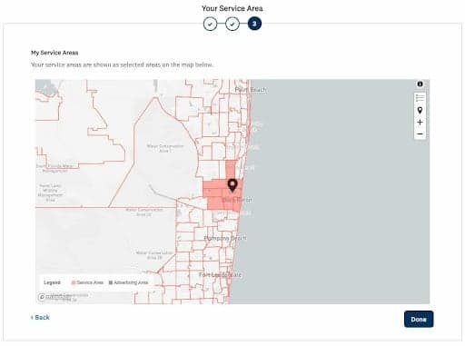 Service area map selection tool showing coverage zones in red on location map