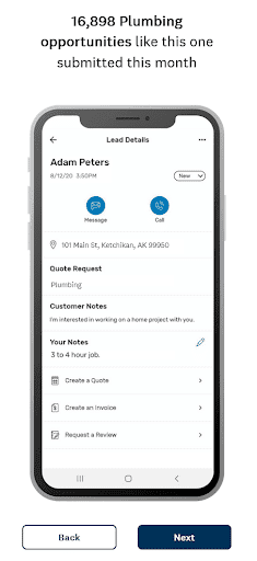 Angi mobile app displaying lead opportunity with customer details and contact options