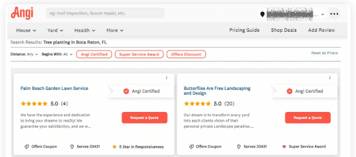 Angi service listing for landscape business showing 5-star rating and certification badges
