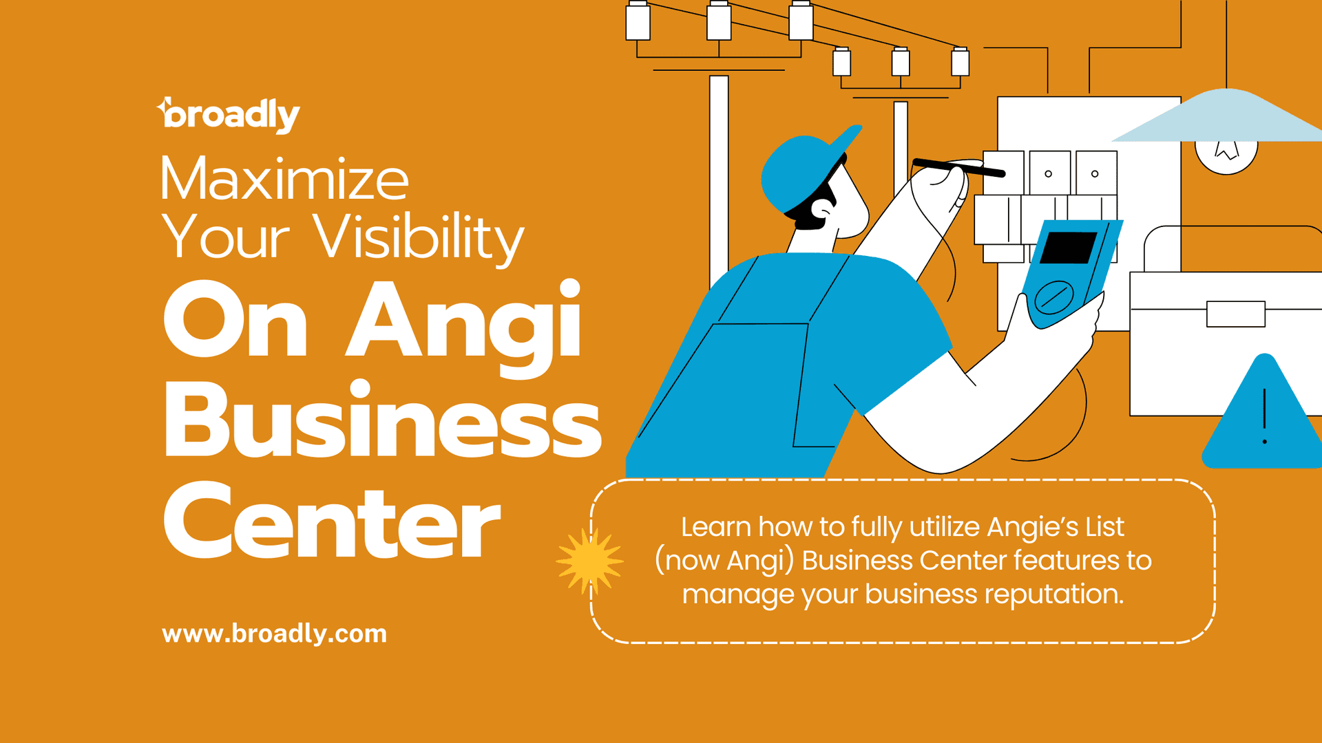 Illustrated electrician working on a breaker panel, with headline about maximizing visibility on Angi Business Center