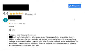 Google listing's 4.4-star overall rating page, showing a 1-star 'too slow' review and the owner's apology reply