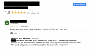 Google review at 4.6 stars with customer feedback and owner response