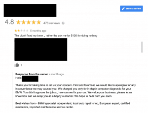 Google review at 4.8 stars with customer service feedback and owner response