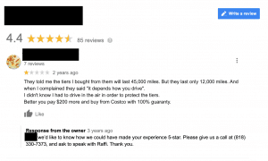 Google review at 4.4 stars with customer complaint about tires and pricing