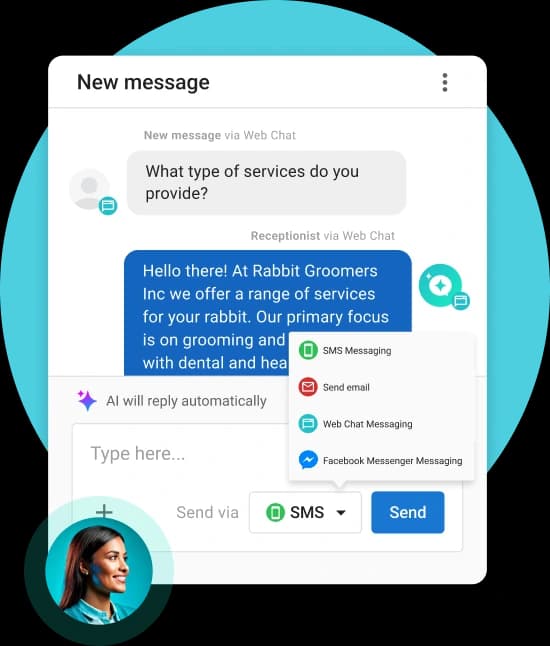 Chat interface showing an AI receptionist reply, with send options for SMS, email, web chat, or Facebook Messenger