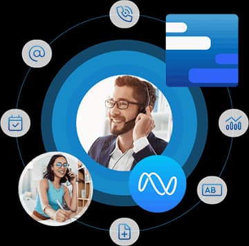 Man on phone call in center with woman below, surrounded by icons for email, phone, messaging, and documents.