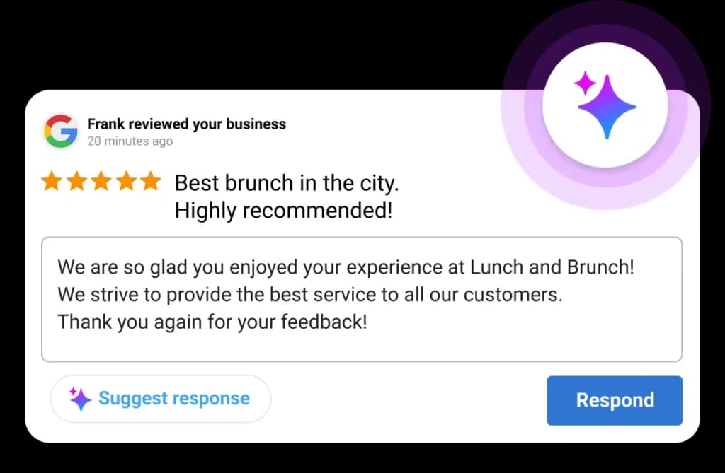 5-star Google review praising a brunch spot, with an AI-suggested response and Respond button