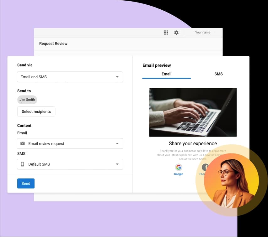 Review request form set to send via email and SMS, with a preview of the customer email