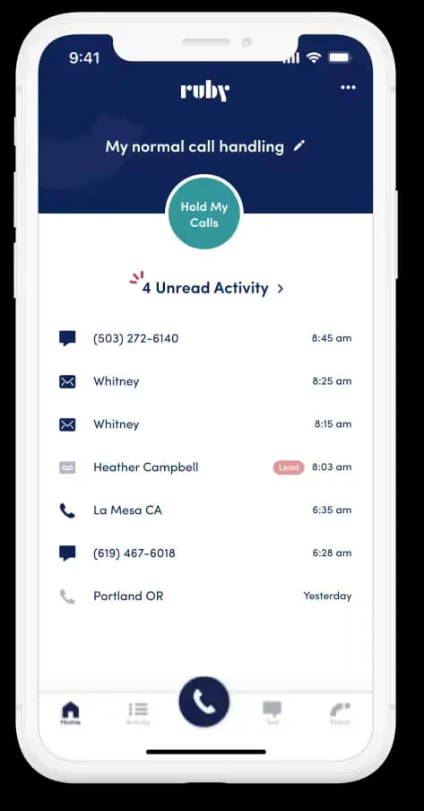 Ruby receptionist app on iPhone showing call handling status, 4 unread activity alerts, and a call log