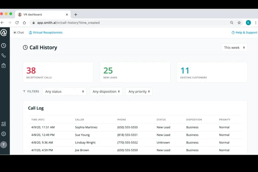 Smith AI call history with 38 receptionist calls, 25 new leads, 11 existing customers, call log