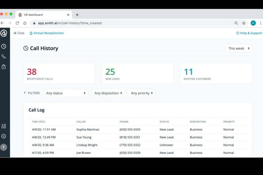 Smith AI call history with 38 receptionist calls, 25 new leads, 11 existing customers, call log