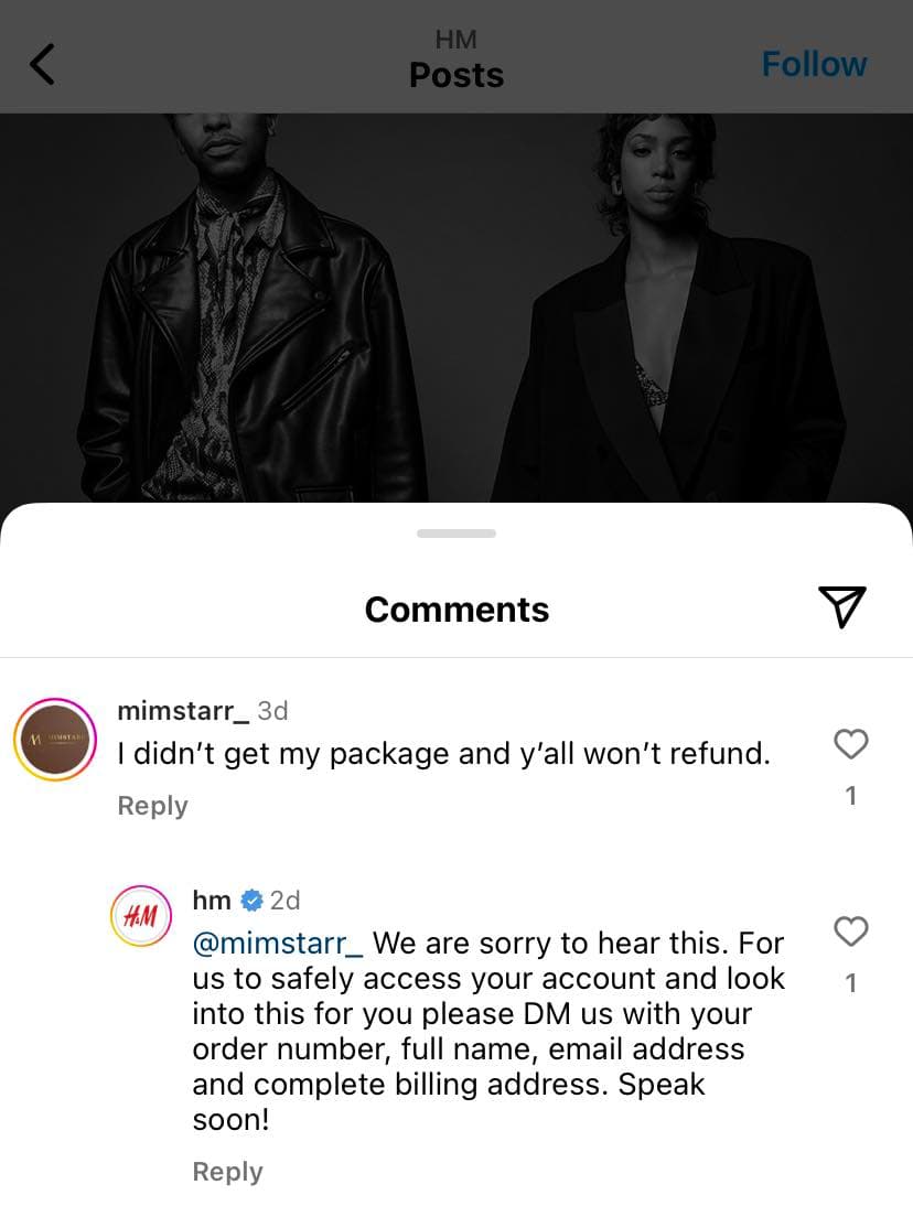 Instagram comment showing customer service exchange with H&M