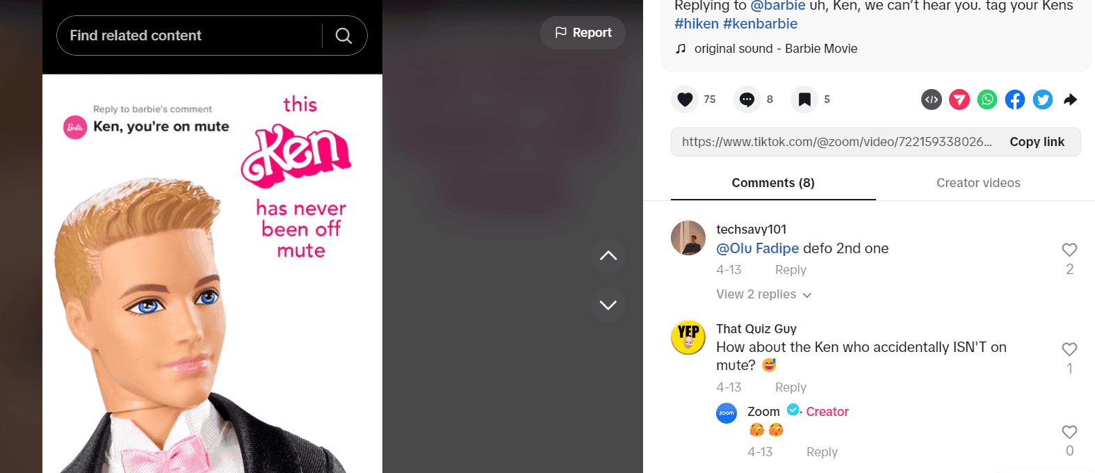 TikTok video by Zoom showing a Ken doll with the joke 'this Ken has never been off mute'