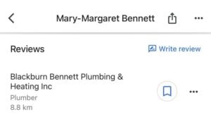 Review list entry for a plumbing business showing bookmark and more-options icons, no menu open
