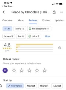 Mobile reviews interface showing star rating and sortable review filters