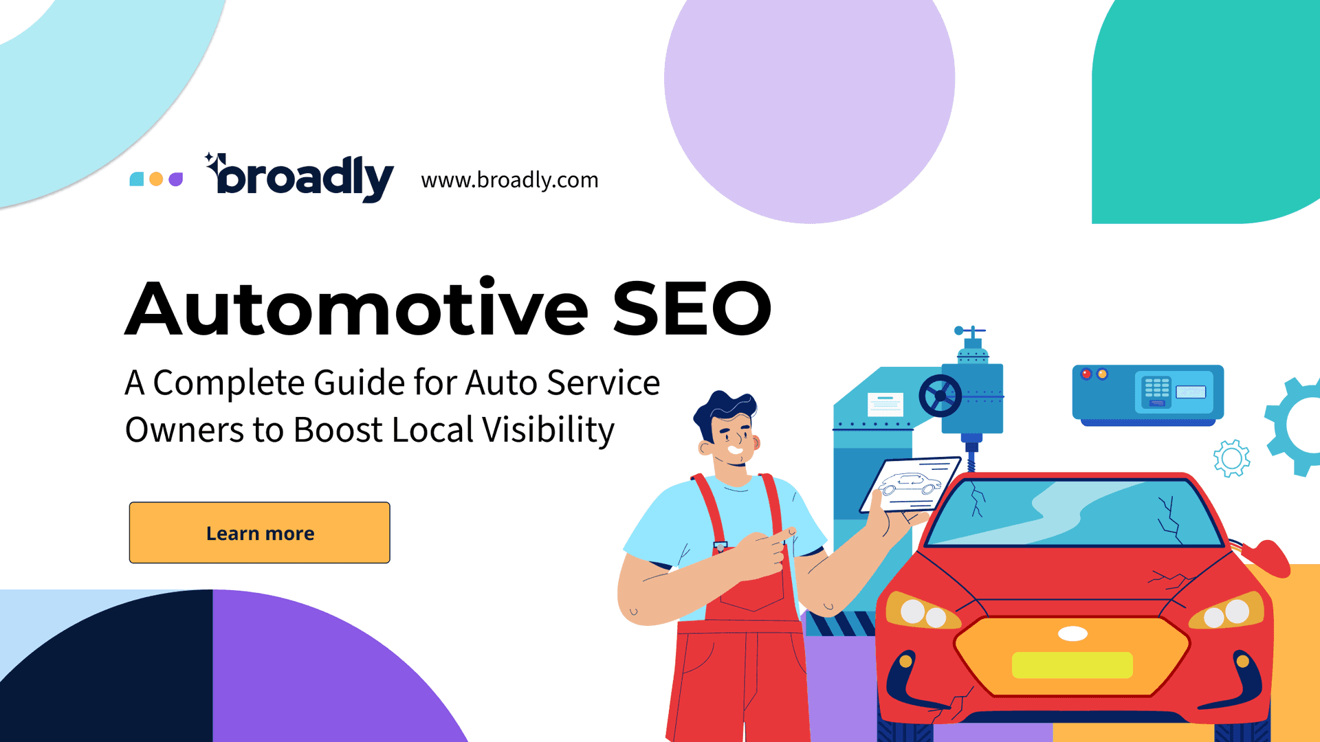Broadly blog header for automotive SEO guide featuring mechanic, red car, and technology elements