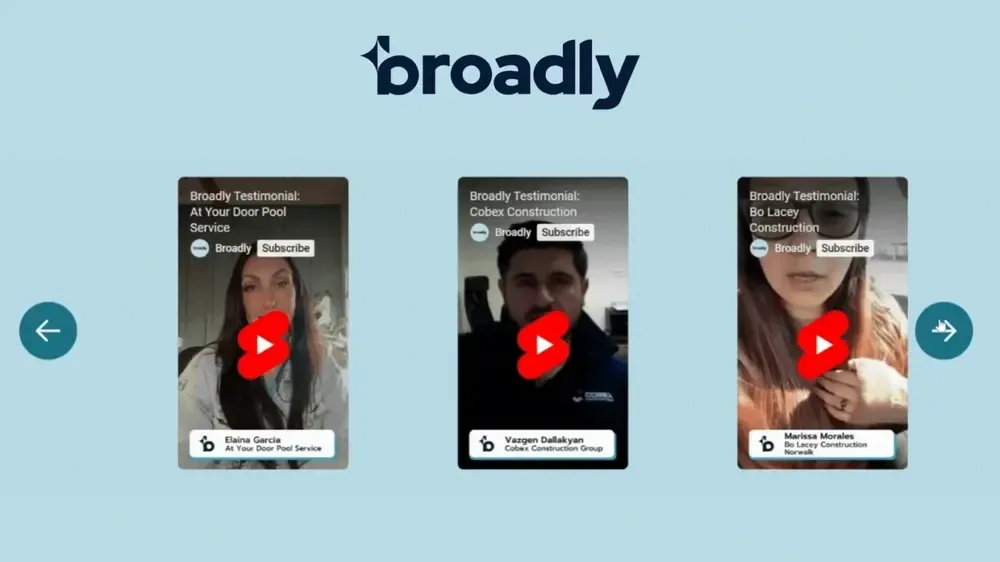Carousel of Broadly customer video testimonials with play buttons and arrows to browse