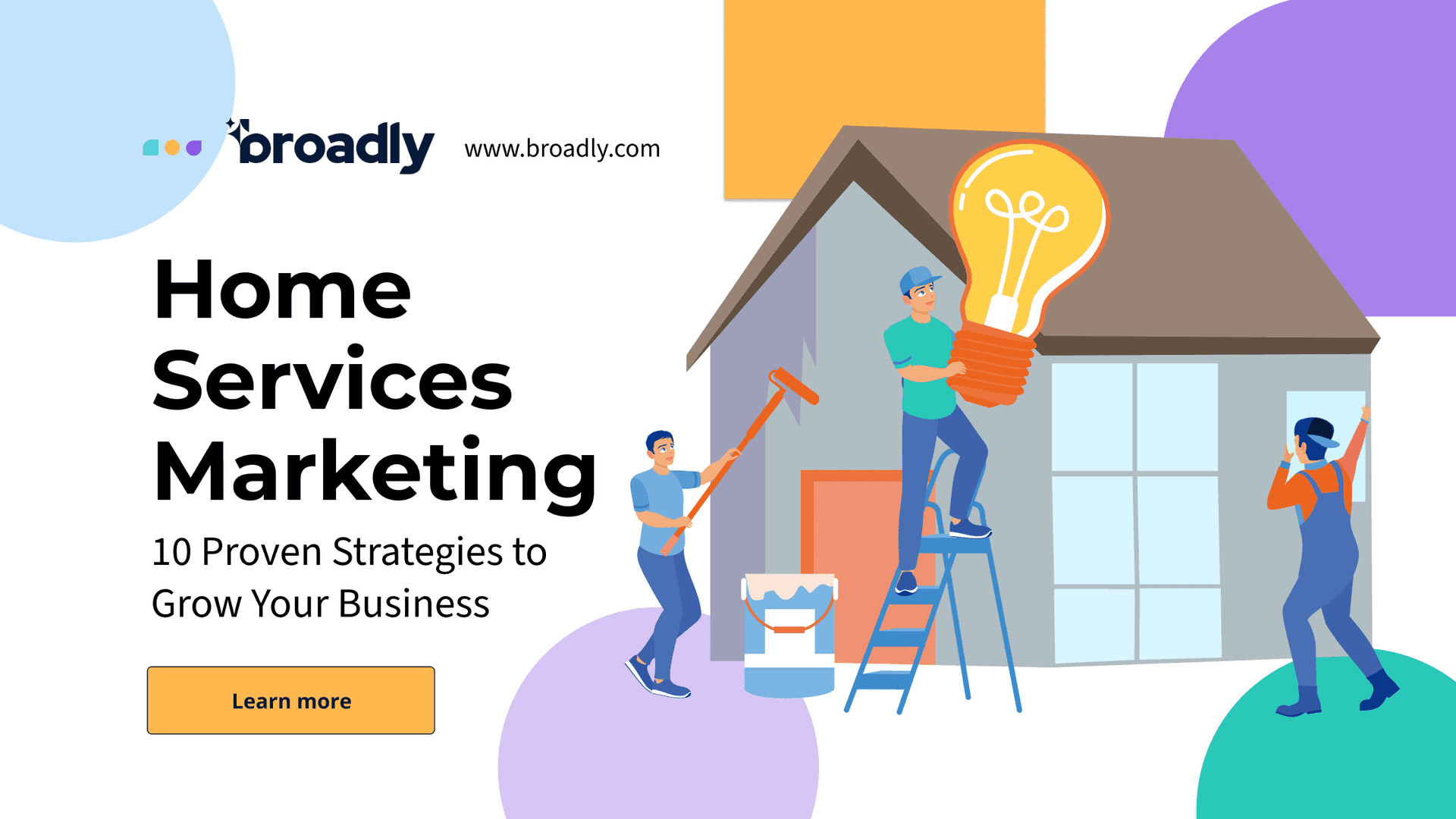 Home Services Marketing guide with workers renovating house and bright idea bulb symbol