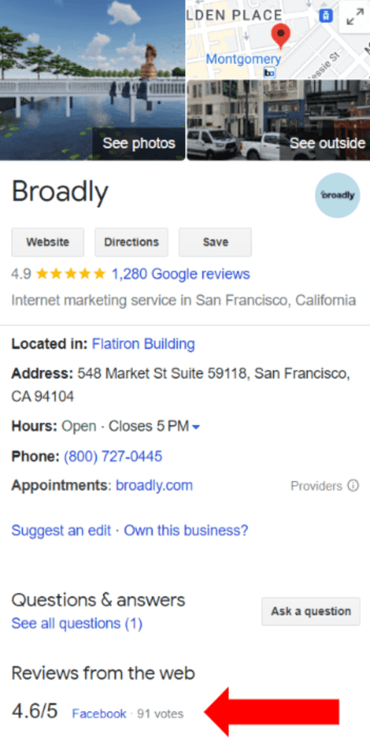 Broadly Google My Business listing with 4.9 stars and contact information