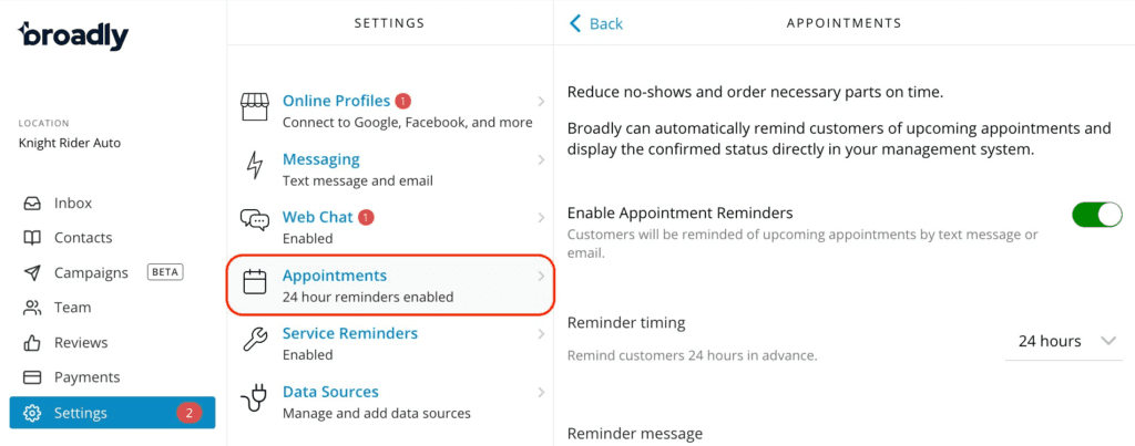 Broadly settings showing Appointments section with 24-hour reminder setup and enable/disable toggle