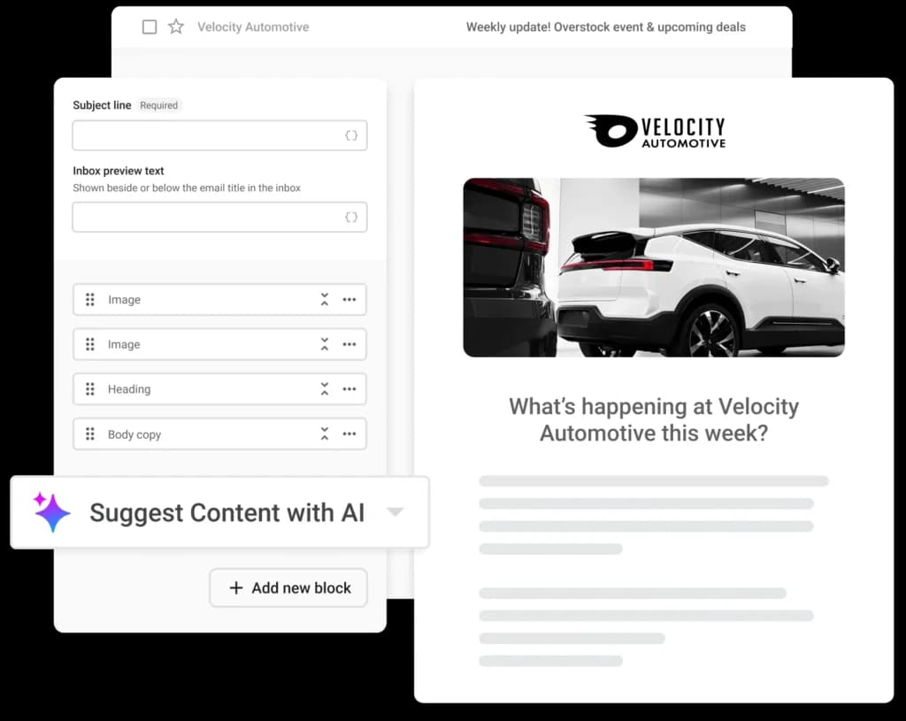 Email campaign builder for Velocity Automotive with content editor and preview showing vehicle