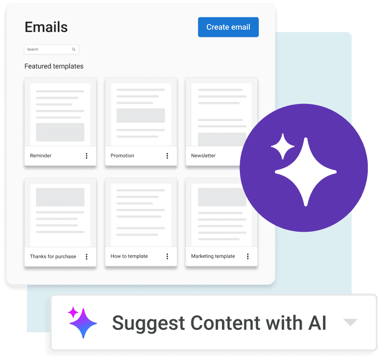 Email campaign templates with reminder, promotion, and newsletter options plus AI content suggestions