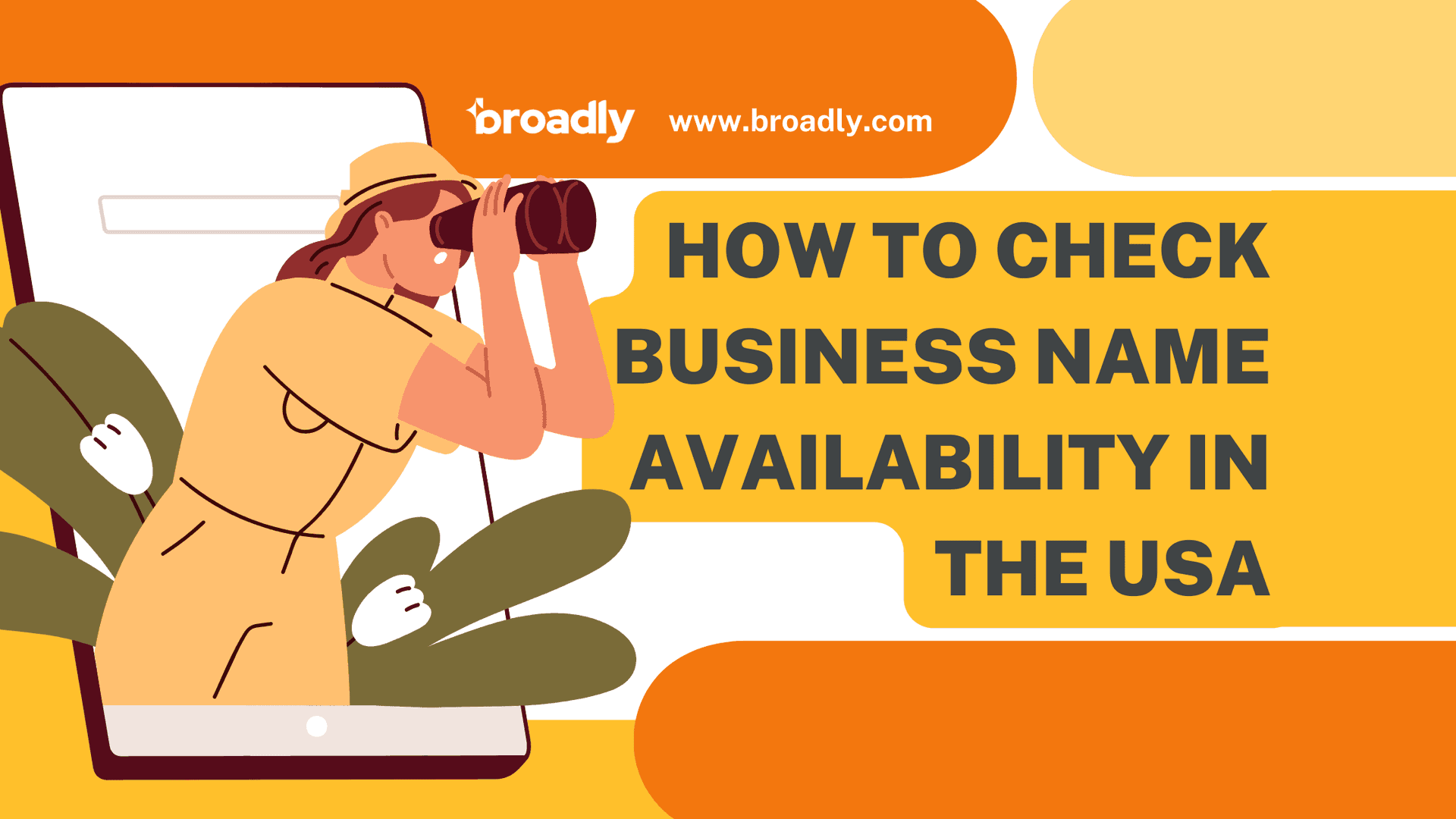 Blog banner: How to Check Business Name Availability in the USA with woman using binoculars