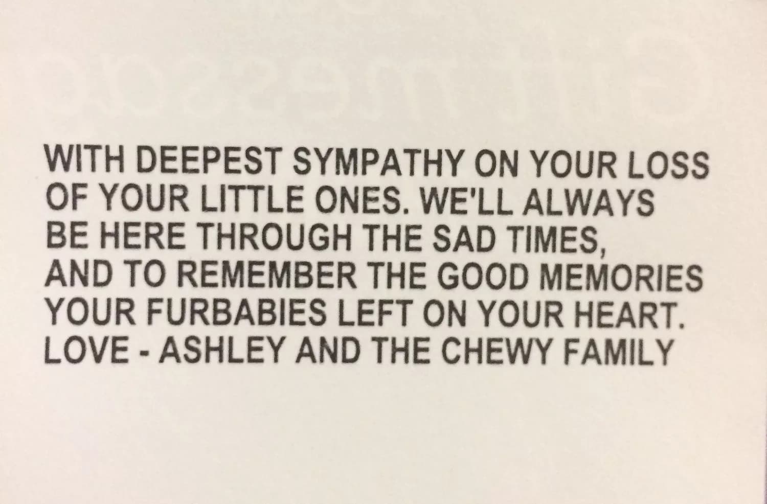 Sympathy message from Chewy expressing condolences for pet loss