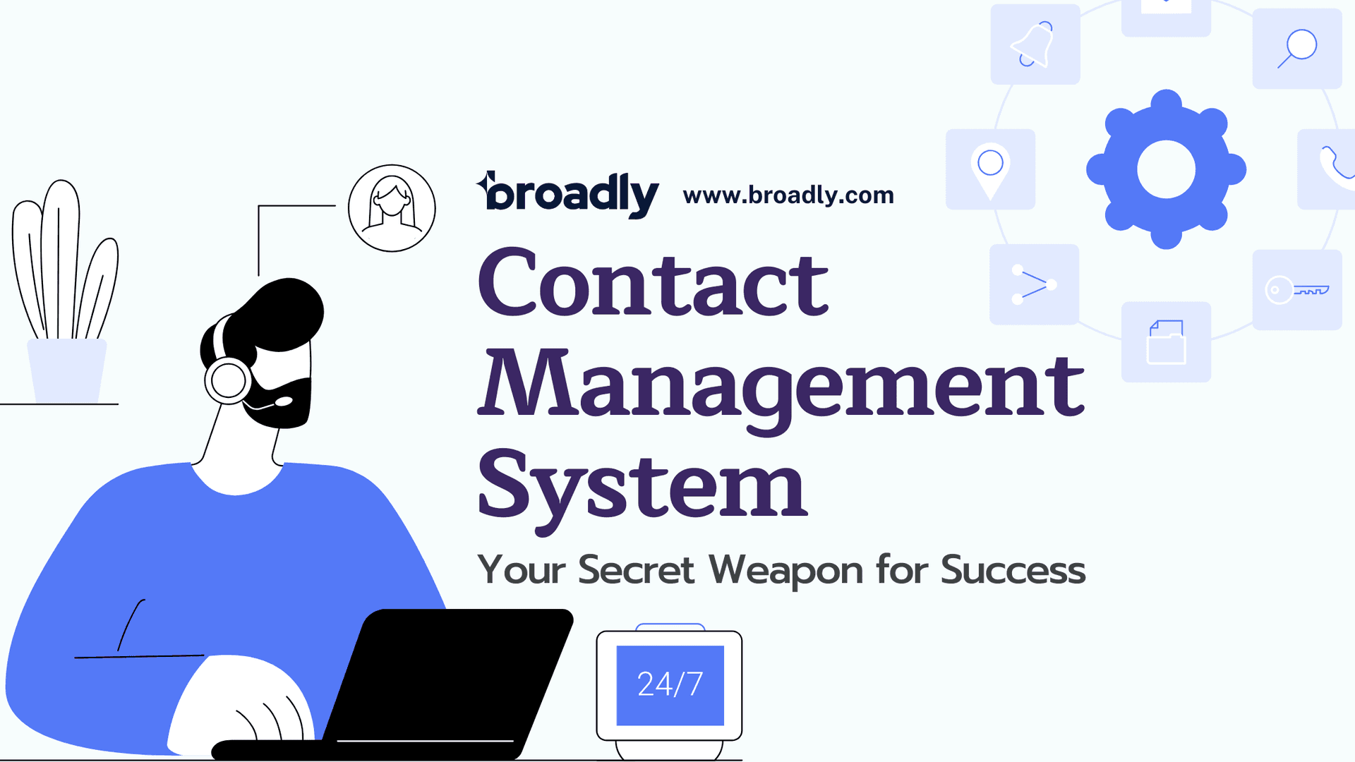 Illustration of contact management system with person using laptop and business tools interface