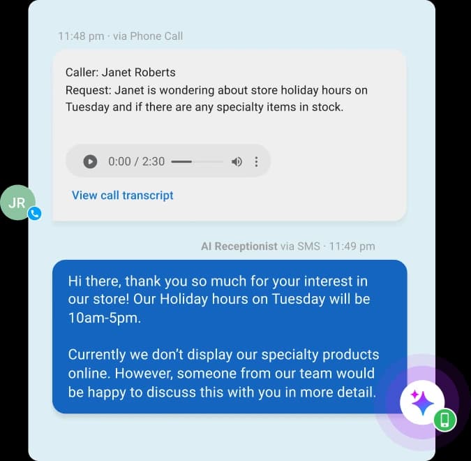 AI receptionist showing incoming phone call from customer and automated SMS response to inquiry